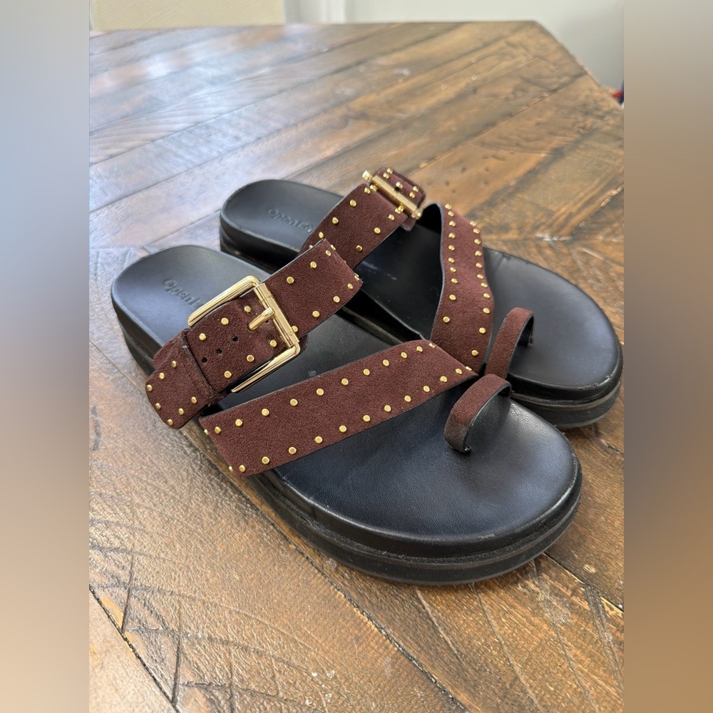 Open Edit Suede feel toe Loop Buckle Brown Studded Sandals - Picture 3 of 4